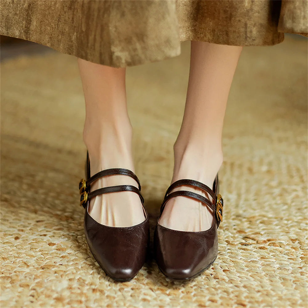 LBSFY  -  Luxury Sheepskin Leather Thick Heels Pumps For Women Elegant Mary Jane Buckle Fashion Party Wedding Shoes Woman Pumps