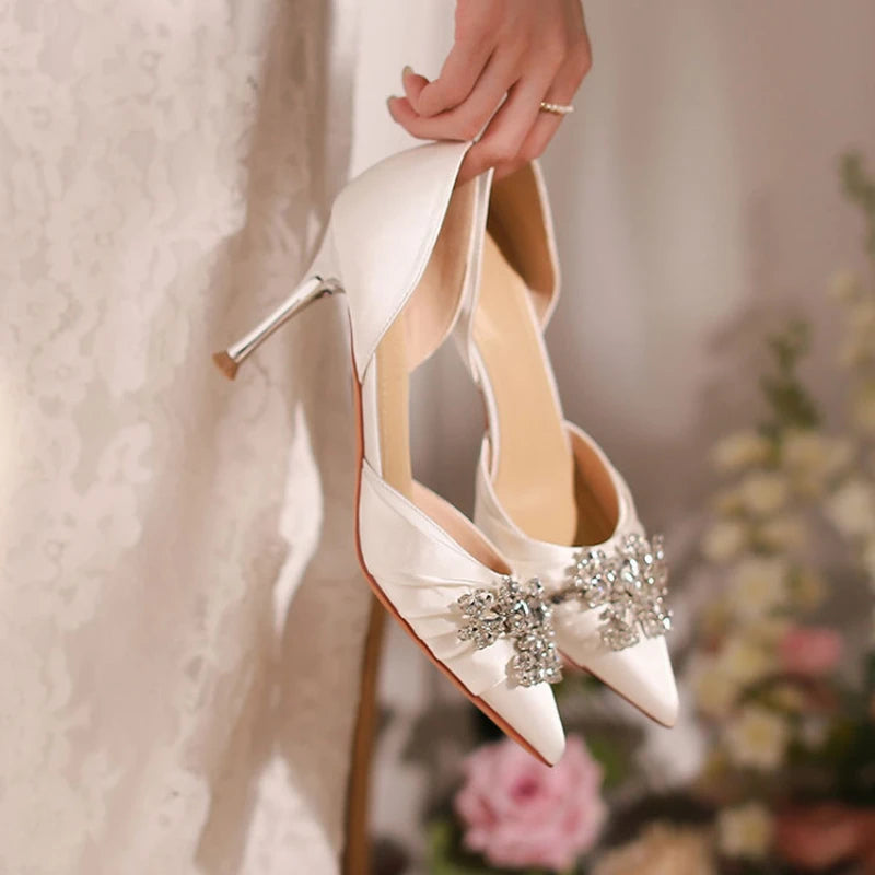 LBSFY  -  2024 summer new banquet high-heeled sandals women Baotou fine heel rhinester wedding shoes hollow pointed single shoes