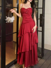 LBSFY -Fashion Elegant Ruffles Spaghetti Strap Women's Dresses Slim Waist Wedding Graduation Party Vacation Tiered Midi Dress Summer