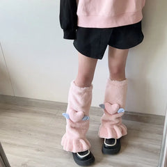 Lbsfy Kawaii Pink Love Heart Fur Leg Warmers Winter Y2K Sweet Leg Covers Rabbit Bow Plush Fur Warm Harajuku Boot Cuffs JK Lolita Sock