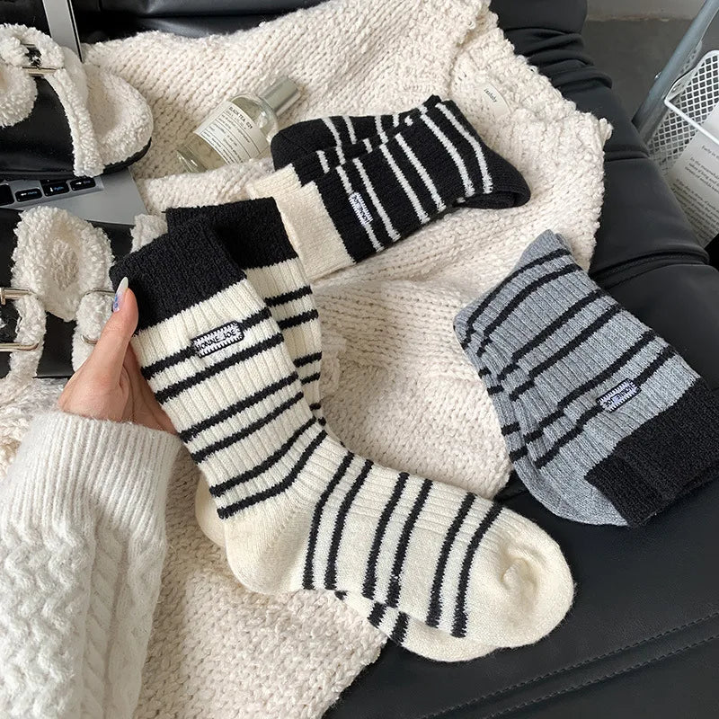 Lbsfy Wool Winter Thick Warm Cute Socks Cotton Korean Wool Stripe Designer Socks Middle Tube Kawaii Casual Harajuku Women Socks