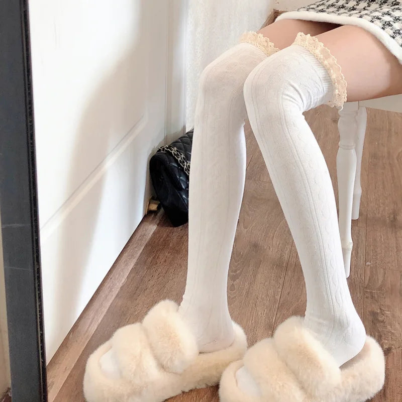 Lbsfy Socks Woman Autumn/Winter Solid Color Thigh High Lace Cute Lolita Thick Warm Stockings Black White Long Leg Socks for Women