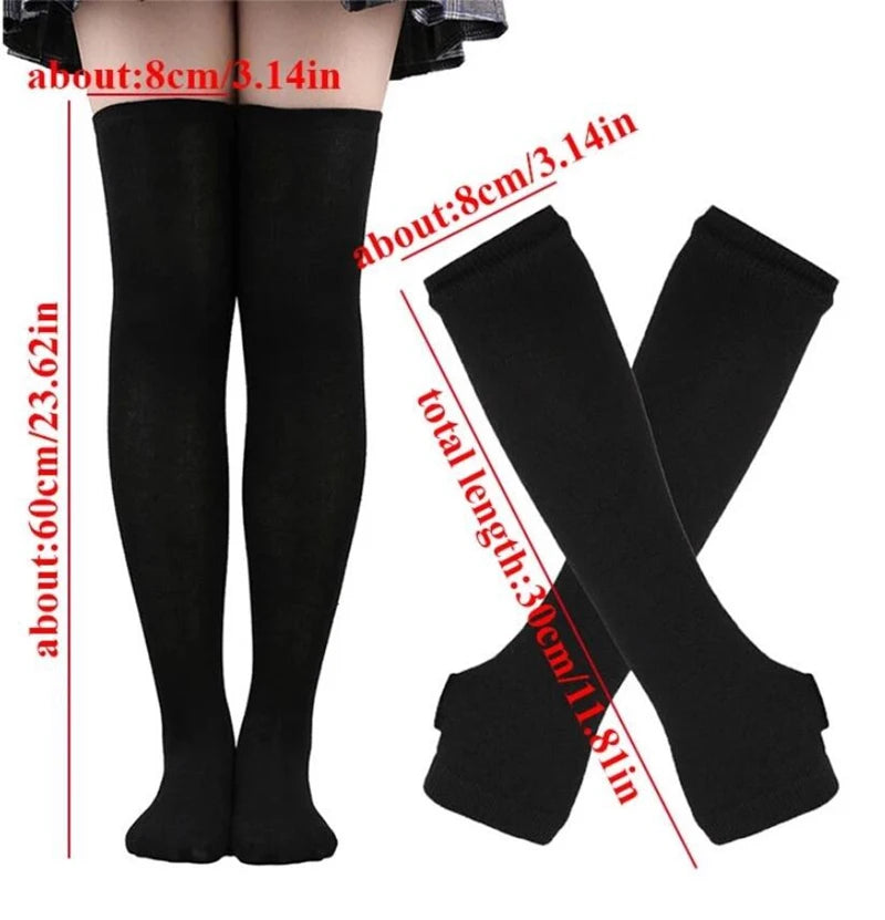 Lbsfy 1 Set Women Girls Over Knee Long Stripe Thigh High Cotton Gothic Lolita Socks Arm Sleeve Gloves Sweet Cute Black Overknee Socks