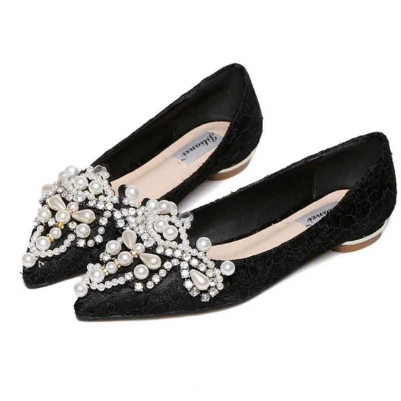 LBSFY -New Crown Pearl soft Flats Wedding Shoes Pointed Toe Women Dress Moccasins Low Pearl Heel Ladies Fashion Luxury plus size 43