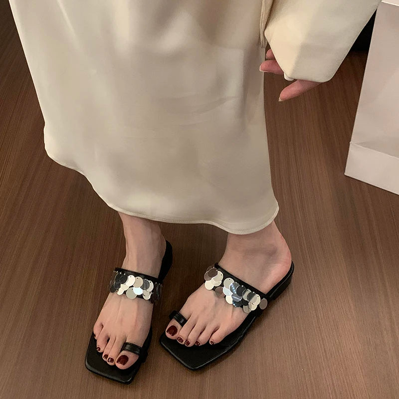 LBSFY  -  Designer Summer Sequin Woman Slippers Fashion Clip Toe Low Heel Ladies Outdoor Beach Vacation Sandalias Flip Flop