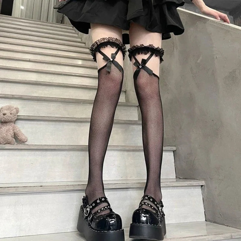 Lbsfy Sexy Sweet Over Knee Long Socks Women Girls Lolita Bowknot Thigh High Stockings Punk Lace Mesh Legging Hollow Fishnet Pantyhose