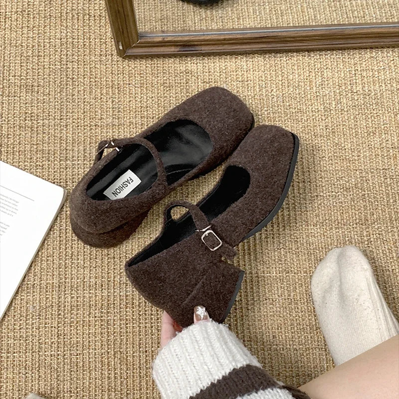 LBSFY  -  Designer Spring Square Toe Women Lamb Wool Mary Jane Shoes Fashion Shallow Thick Heel Shoes Concise Outdoor Lady Shoes