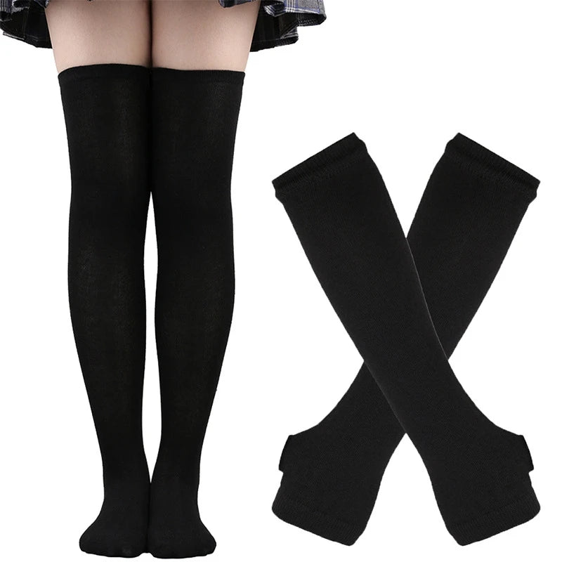 Lbsfy 1 Set Women Girls Over Knee Long Stripe Thigh High Cotton Gothic Lolita Socks Arm Sleeve Gloves Sweet Cute Black Overknee Socks
