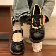 LBSFY -Butterfly-knot Lolita Women Leather Shoes Shallow Round Toe Ladies Concise Outdoor College Style Mary Jane Shoes