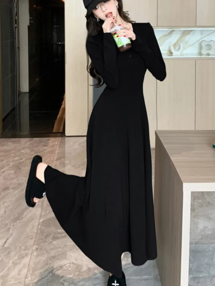 LBSFY -Women's Solid Maxi Dress Casual Korean Chic Long Sleeve U-Neck Slim Fit A-Line Autumn Sexy Prom Robe Vestidos Mujer New Clothes