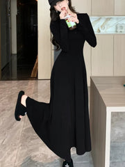 LBSFY -Women's Solid Maxi Dress Casual Korean Chic Long Sleeve U-Neck Slim Fit A-Line Autumn Sexy Prom Robe Vestidos Mujer New Clothes