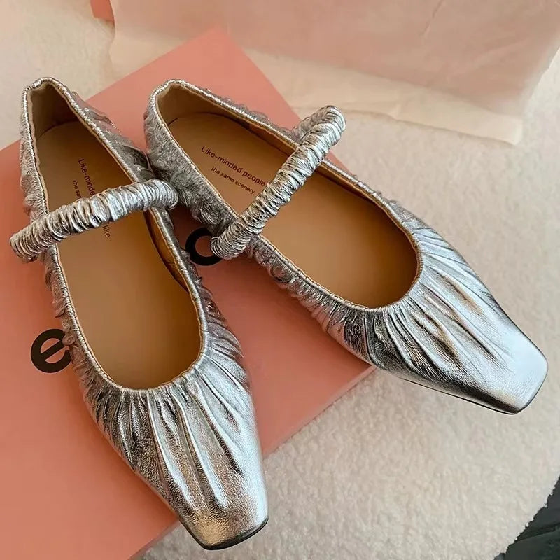 LBSFY  -  Fashion Pleated Mary Jane Women Flats Shoes Square Toe Shallow Slip On Ladies 2024 Autumn Silvery Soft Ballet Slingback Shoes