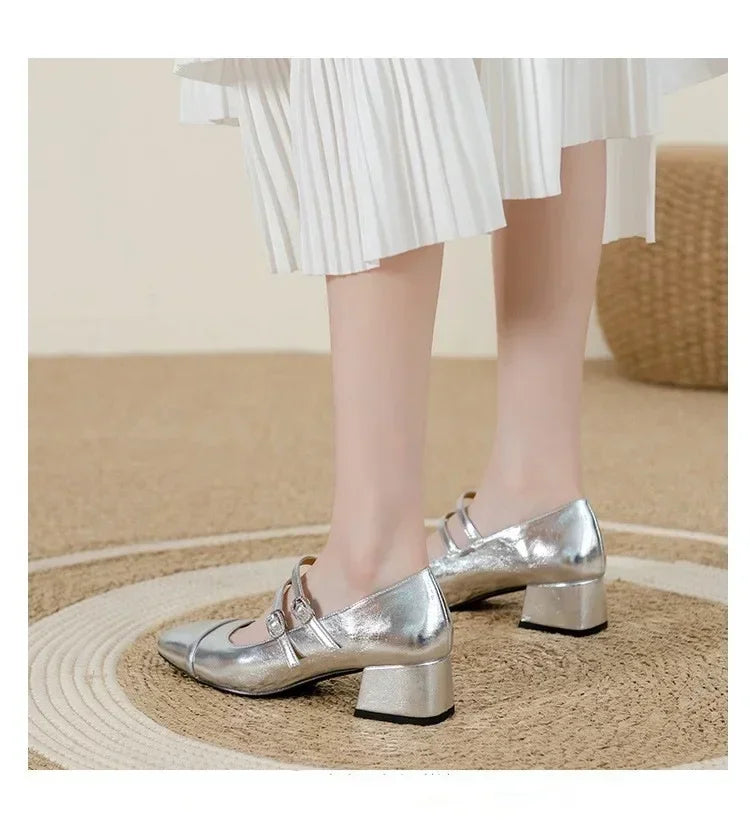 LBSFY  -Women's Fashion Mary Janes Shoes Autumn Sliver Leather Buckle Mid-heels Dress Shoes Women Square Toe Shallow Chunky Heels Shoes