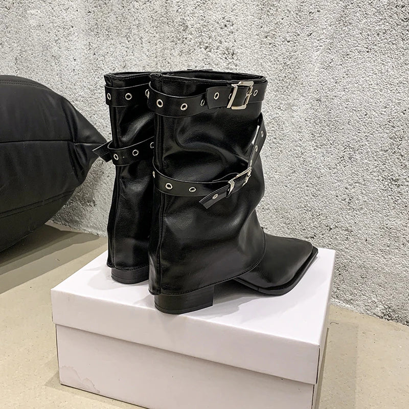LBSFY -Autumn Vintage Thick Heel Women Western Cowgirl Boots Fashion Belt Buckle Ladies Elegant Slip on Mordern Mid Calf Booties