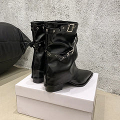 LBSFY -Autumn Vintage Thick Heel Women Western Cowgirl Boots Fashion Belt Buckle Ladies Elegant Slip on Mordern Mid Calf Booties