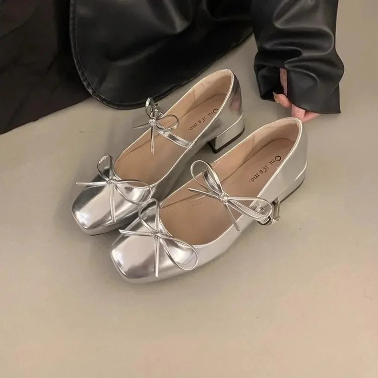 LBSFY -French Elegant Butterfly Knot Thick Heel Mary Janes 2025 New Style for Evening Wear Red Women's Single Shoes Casual Loafers