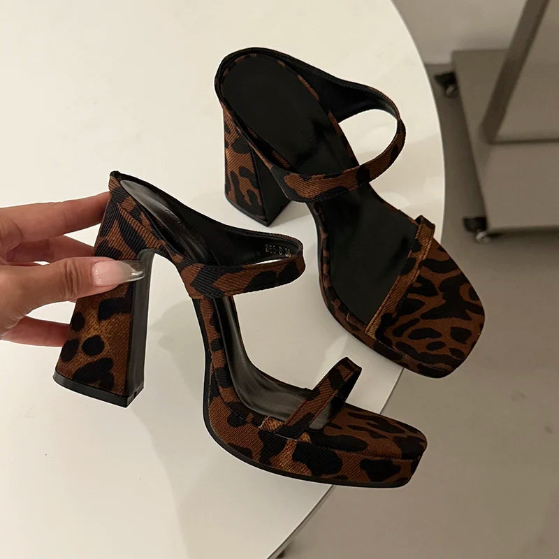 LBSFY  Summer Women Leopard Print Slippers Fashion Open Toe Thick High Heel Party Dress Slides Shoes