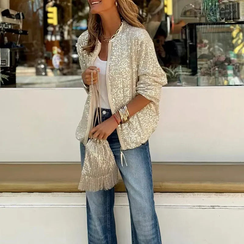 LBSFY  -  Commuter Lady Elegant Zipper Short Jacket Spring Glitter Sequin Shiny Top Cardigan Women Long Sleeve Pocket Autumn Coat Outwears