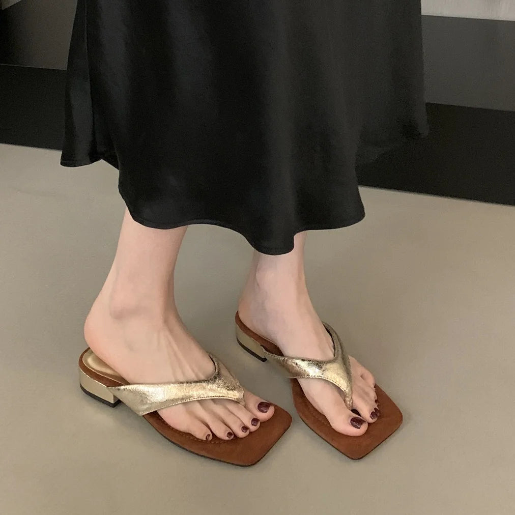 LBSFY - Summer Women Slipper Fashion Narrow Band Ladies Square Heel Outdoor Dress Sandal Elegant Flip Flops Beach Slides