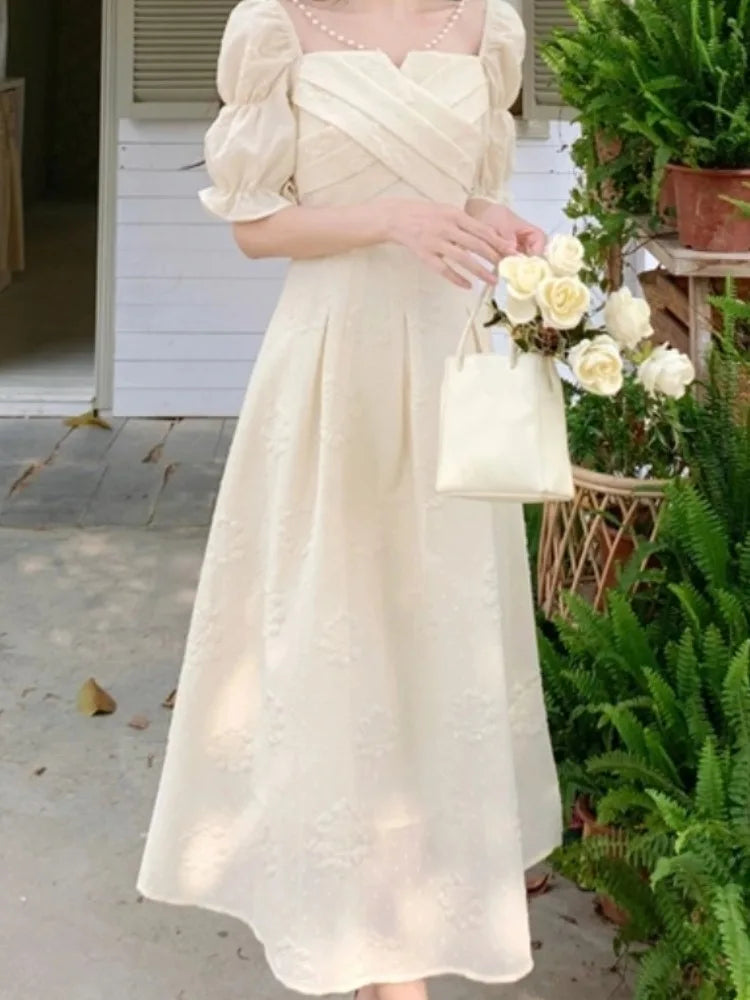 LBSFY -Women's Summer French Elegant Prom Dresses Fashion Slim Square Neck Vintage Long Casual Dress Female Party Commuting Dating Robe