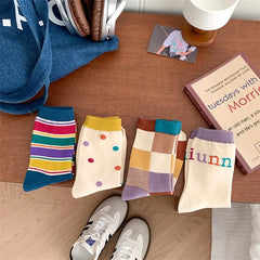 Lbsfy Women's Socks Cotton Vintage Harajuku Street Spring Autumn Winter Polka Dot Striped Plaid Japanese Style Short Crew Socks Girl