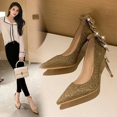 LBSFY  -  Gold bow crystal high heels, slim heels, shallow mouthed pointed toe single shoes, fashionable French rhinestone wedding shoes