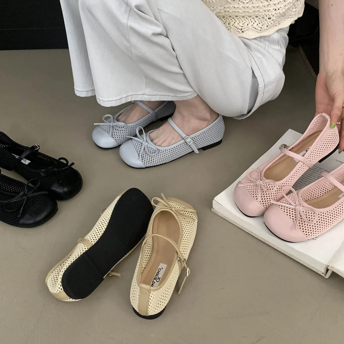 LBSFY -Fashion Hollow Out Mesh Buckle Women Ballet Flats Slippers Sandals Round Toe Slingback Casual Mules Shoes Zapatos De Mujer