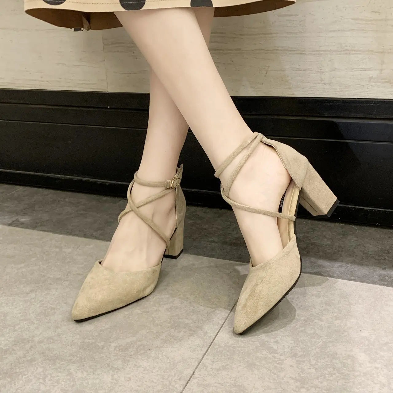 LBSFY -New Spring Autumn Women Heels Ankle Cross Strap Thick High Heel Sexy Female Shoes Casual Suede Black Pointed Toe Pumps