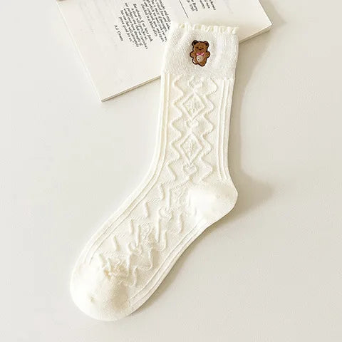 Lbsfy Women Socks Cartoon Bear Love Embroidery Female Lovely Cute Kawaii Lolita Cotton Socks Girls Gift Ladies White Long Stockings