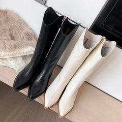 LBSFY  -   Women Crocodile Real Leather Cowboy Boots Block Heels Pointy Toe Knee-highs Zipper Western Boots Shoes Winter
