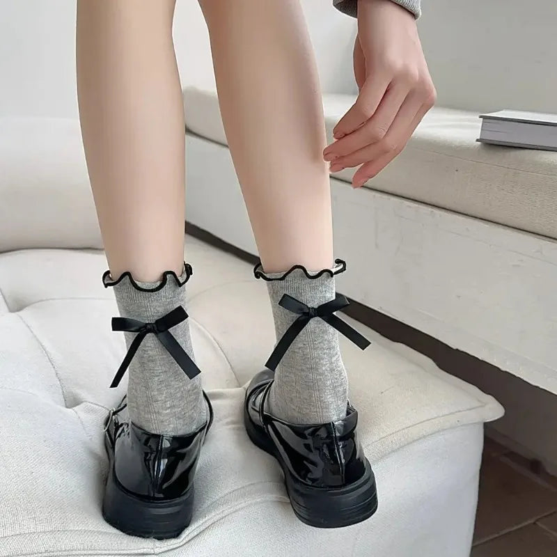 Lbsfy Cute Bowknots Cute Ruffle Socks Women Lolita Sweet Girls Kawaii Socks JK Japanese Styles Solid Color Black White Gray Long Socks