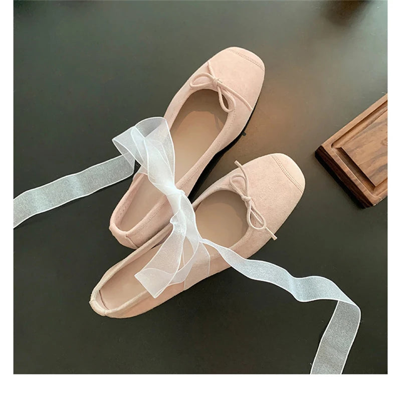 LBSFY -Fashion Design Silk Ballerinas Women Pumps Slip On Loafers Round Toe Square Heels Bowknot Casual Spring Autumn Shoes