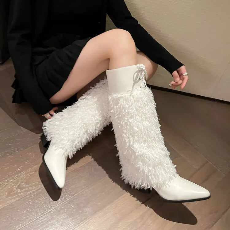 LBSFY  -  2024 White Plush Boots Fashion Frenum Knee Length Pointed Boots 6cm Thick Heel Chelsea Boots 34-46 Auto Show Model Women's Shoes