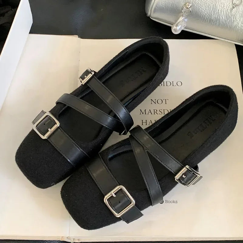 Lbsfy Belt Buckle Design Flat Mary Jane Shoes Women Comfort Soft Sole Leisure Women Shoes Shallow Fashion Elegant Ballet Shoes Female