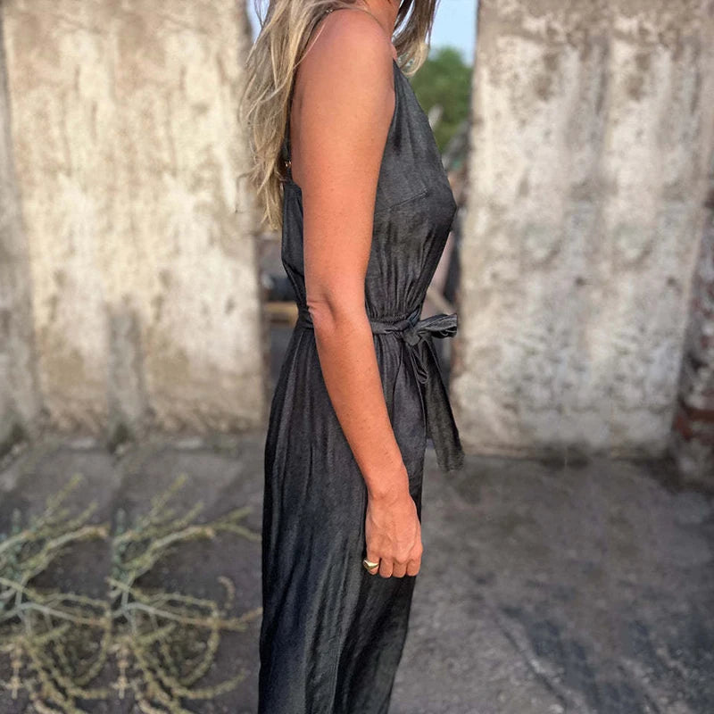 LBSFY  -  Spring Summer Sleeveless Boho Jumpsuits Women U Neck Button Pocket Sling Playsuit Summer Backless Wide Leg Pants Romper Overalls