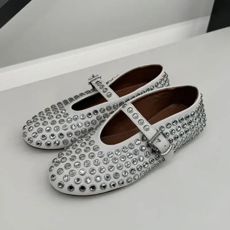 LBSFY  -  Fashionable Diamond Studded Women's Mary Jane Ballet Shoes 2025 Spring Shoes Casual Soft Leather Comfortable Flat Ballet Shoes
