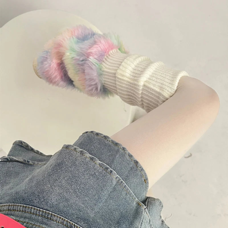 Lbsfy Cute Colorful Rainbow Leg Warmer Plush Imitation Fur Japanese Women Knitted Over Knee Tube  Winter Warm Long Leg Cover Socks