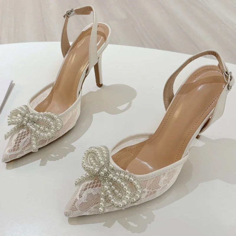 Lbsfy Lace String Bead Thin High Heels Women Pointed Toe Bowknot Party Dress Shoes Hollow Breathable Mesh Slingbacks Sandals Women