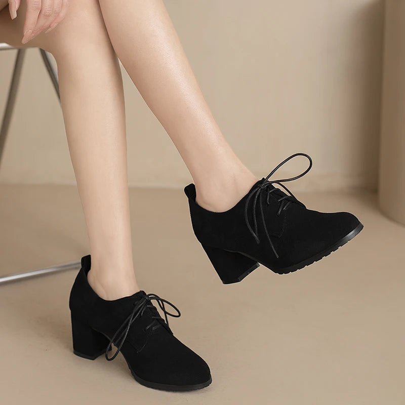 LBSFY  -  Spring New 2024 Ladies Retro Pumps Classics Flock Lace Up Office Round Toe Block High Heel Shoes Female Size 33-43 Black Brown