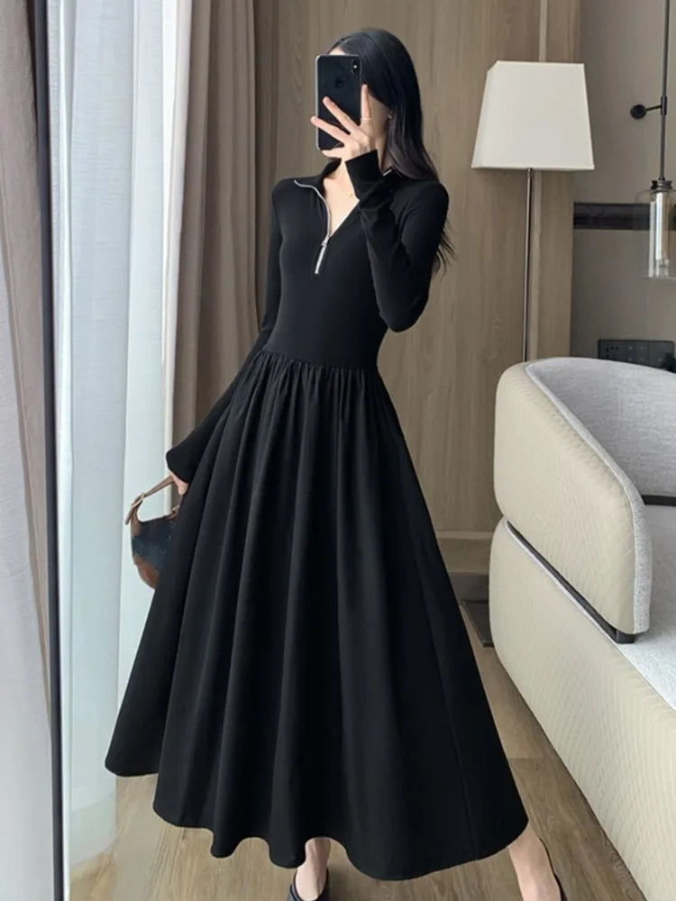 LBSFY -Vintage Elegant Solid Knitted Midi Dresses Women Korean Casual Long Sleeve Slim A-Line Black Birthday Party Robe Autumn Clothing