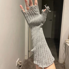 Lbsfy New Girl Gloves Black  Beige Tattered Punk Unisex Fingerless Cuff Knit Glove Women Men Elbow Mittens Broken Arm Warmer Gloves
