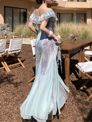 LBSFY -Summer Print Fairy Slash-Neck Ruffles Chiffon Long Dress Elegant French Romantic Princess Slim Waist Sling Dresses 2025 Robe