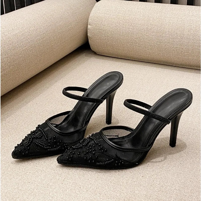 LBSFY -Luxury Brand High Heels Women Sandals Mesh Embroider Elegant Pointed Ladies Slingback Designer Party Wedding Bridal Dress Shoes