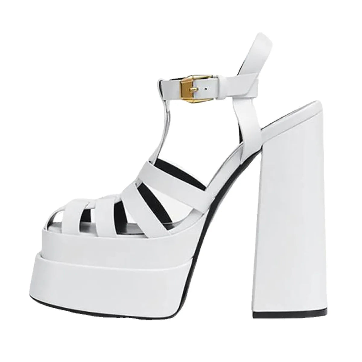 LBSFY  -  Womens Fashion Summer Square Toe T-strap Sandals White Black Pumps High Heels Roman Platform Shoes Wide Heels Women