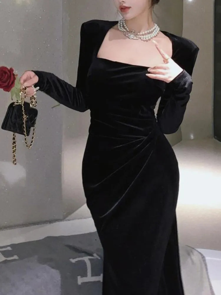 LBSFY -Elegant Solid Velvet Mermaid Dress for Women Vintage Chic Square Collar Bodycon Evening Party Dresses Female Slim Vestidos Mujer