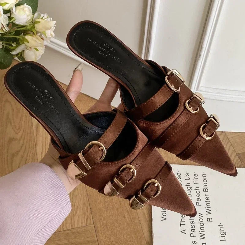 LBSFY  -  Luxury Belt Buckle Satin Designer Slippers Woman Sexy Pointed Toe Slides Sandals Fashion Thin High Heels for Women Mules Loafers