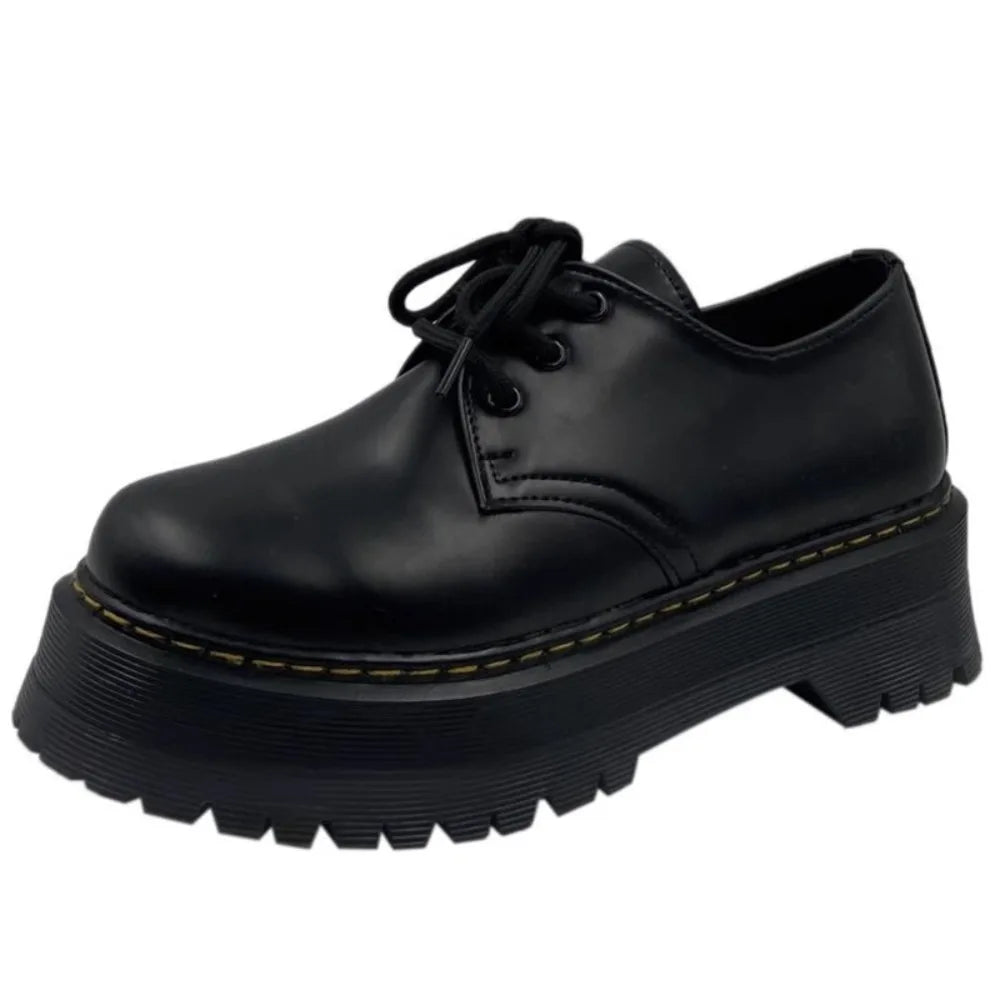 LBSFY -Autumn New Fashion Black Round Head Lace-up Solid Color Womens Loafers Casual Thick Soled Leather Women's Thick Soled Shoes