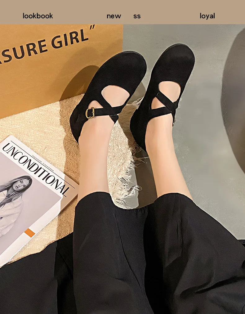 LBSFY -Retro Faux Suede Flat Internal Increase Women Dance Shoes 2025 Spring Autumn New French Casual Commuting Mary Jane Shoes Woman