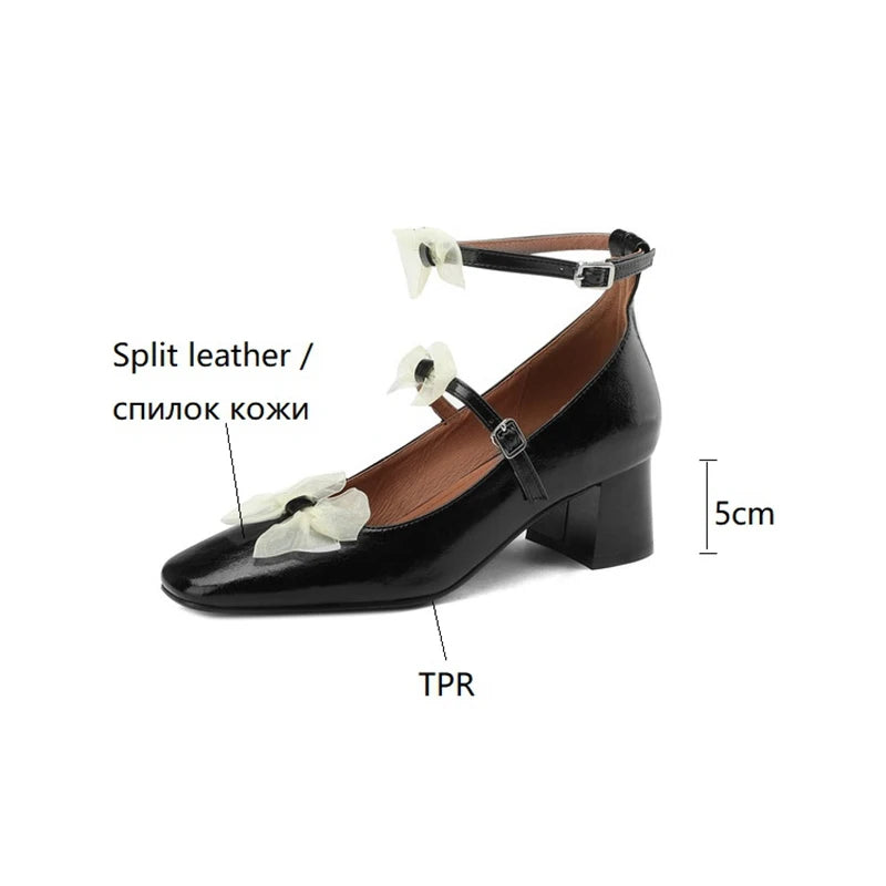 LBSFY  -  Spring Women's Pumps Split Leather Shoes for Women Round Toe Chunky Shoes Mid-Heel Mary Janes Bow-knot Shoes Zapatos mujer