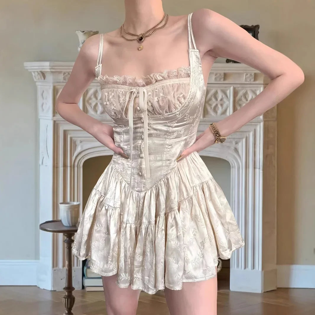 LBSFY  -French Style Cracker Khakitank Mini Dress For Women Autumn New Arrival Unique Sleeveless Lace Spliced Romantic Design